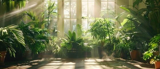 An array of air purifying plants in a sunlit room creating an indoor oasis - obrazy, fototapety, plakaty