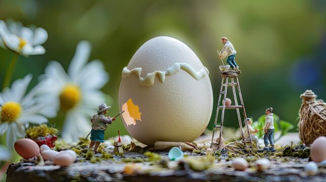 A whimsical scene of miniature people painting an egg illustrating creativity and collaboration