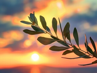 Fototapeta na wymiar Olive branch against a vibrant sunset