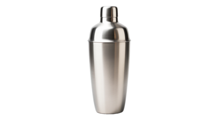 A stainless steel cocktail shaker gracefully sits on a white background