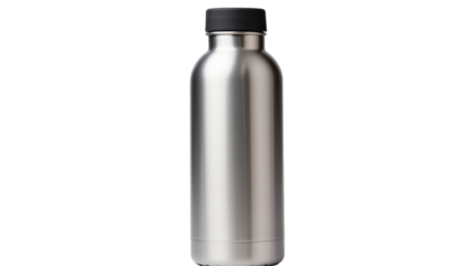 A sleek stainless steel water bottle resting on a pristine white background