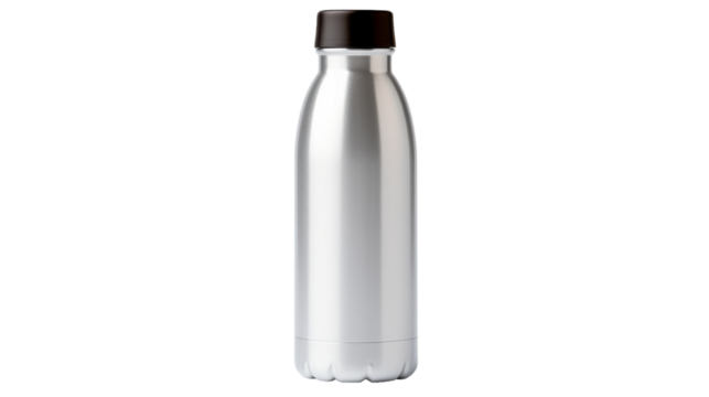 A sleek stainless steel water bottle rests gracefully on a pristine white background
