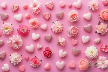 Heart shaped candies and flowers on pink background, flat lay,  Valentine's day celebration