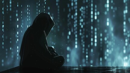 Hooded Figure in Rain, Digital Art Concept of Isolation and Technology