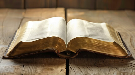 An open Bible resting on a wooden table