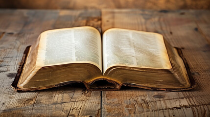 An open Bible resting on a wooden table