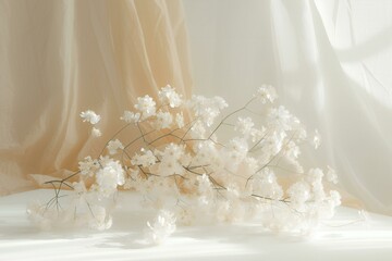 White gypsophila flowers on the background of light curtains