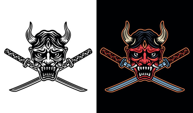 Oni mask and two crossed katanas vector illustration in two styles monochrome on white and colorful on dark background