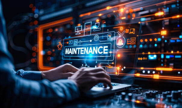Corporate executive interacting with a futuristic global maintenance concept, showcasing proactive worldwide system support and digital repair services
