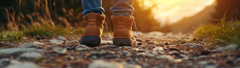 Woman's feet in shoes trekking through forest, exploring nature's beauty and adventure in outdoor journey.