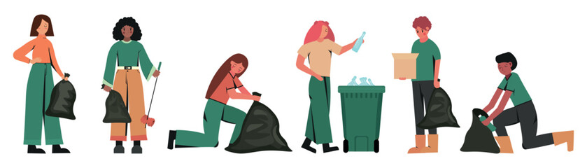 Set of drawn volunteers with garbage on white background