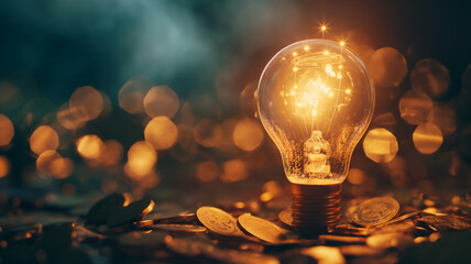 A glowing bulb on coins in the dark; a metaphor for ideas and wealth. - obrazy, fototapety, plakaty