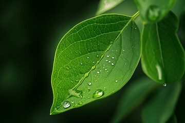 Green leaf with water drops close up,  Nature background,  Shallow DOF