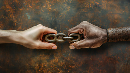 Two hands holding a chain link on a textured rust background.