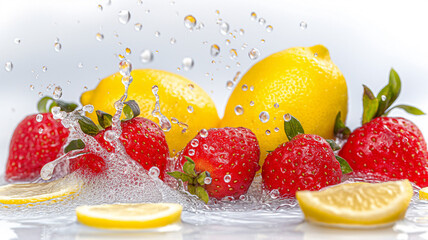 Fresh strawberries and lemons with splashing water.