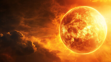 An artistic rendering of a fiery planet glowing intensely amidst clouds.