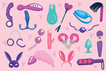 Set of sex toys on pink background