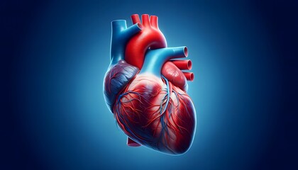 A detailed anatomical illustration of a human heart with arteries and veins on a blue background highlights the complexity of the cardiovascular system. - obrazy, fototapety, plakaty