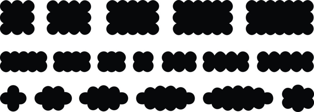 Set of Scallop edges rounded rectangle shapes Fill icons. A rectangular silhouette symbols with scalloped edges. Simple label and sticker form. Flower silhouette lace frame on transparent background.