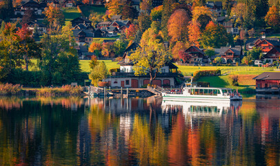Colorful autumn view of Altaussee village. Picturesque morning landscape of Altausseer lake with...