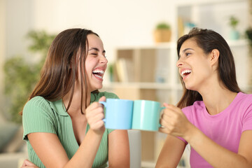 Happy friends toasting with coffee cups at home - 773791789
