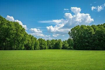 Green meadow with trees and clouds in the blue sky background