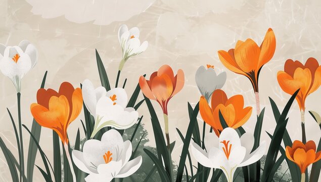 illustration of flowers in vintage colors on paper with a textured overlay, orange and white flowers and green leaves against a simple background 