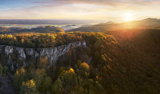 Mountain forest panorama at sunset in Slovakia - Aerial view from drone