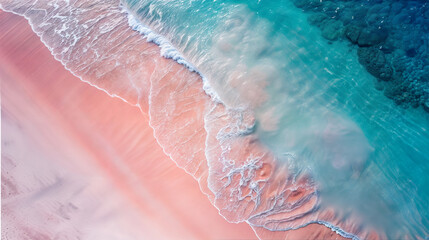 Pink sand beach aerial view, exotic seashore seen from above, drone view tropical paradise waves and nature landscape  - obrazy, fototapety, plakaty