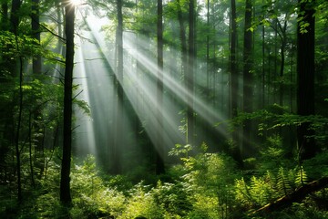 Morning in the forest with sunbeams shining through the trees