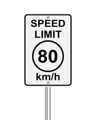 Traffic Speed limit 80 kilometer per hours metric system street sign on white