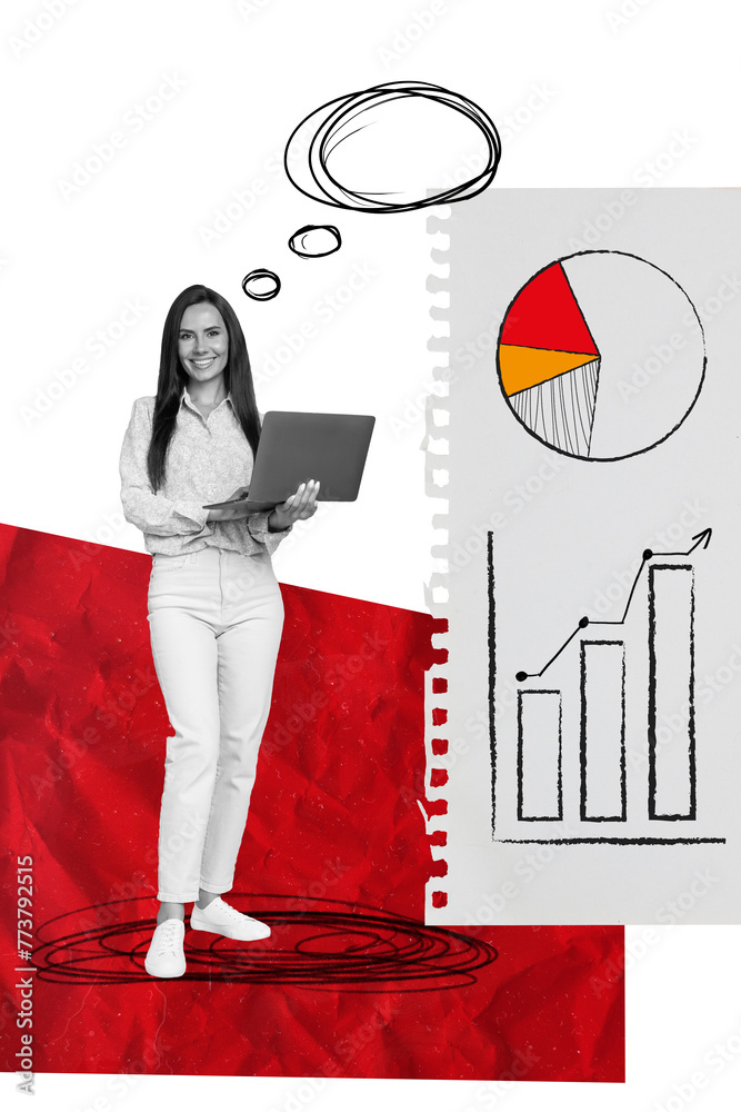 Poster composite collage photo of young woman hold netbook thoughtful analytics paper diagram data graphic 