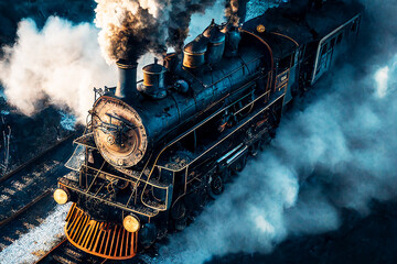 An old steam locomotive with a smoky chimney rides the railroad.  - obrazy, fototapety, plakaty
