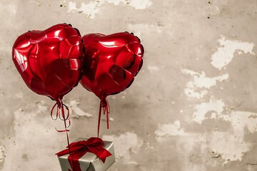 Red heart-shaped balloons and gift box on the grey background