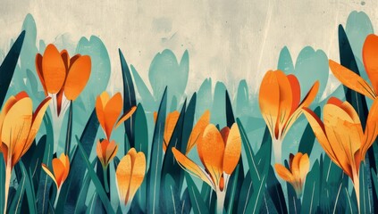 Abstract illustration of crocuses in the style of vintage style, orange and green colors, art deco, hand drawn, floral pattern, vintage poster
