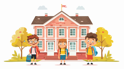 Cartoon Back to school. Happy little kids with school