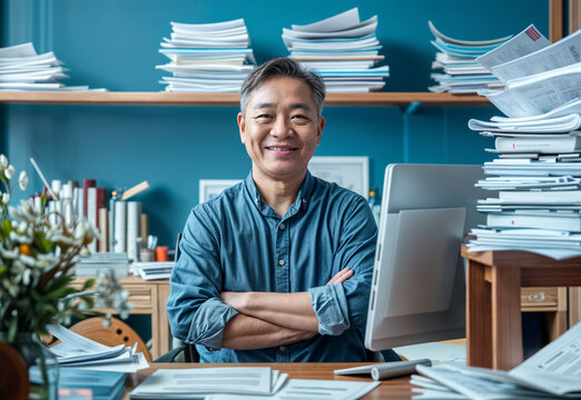 asian man middle aged working in an office full op paperwork, smiling and looking at the camera, state employee or accountant 