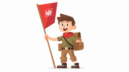 Cartoon boy scout holding red flag flat vector isolated - obrazy, fototapety, plakaty