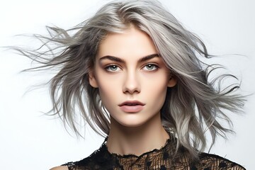Fashion portrait of beautiful young woman with flying hair,  Studio shot