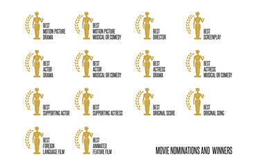 Movie award nominations and winners - best film, actor, actress, screenplay, director, song, score, black, golden and white vector icon set - obrazy, fototapety, plakaty
