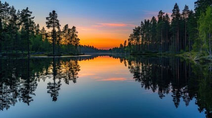 Obraz premium Tranquil forest lake at sunset with vibrant skies reflected in still waters, surrounded by silhouetted trees under a clear gradient sky.