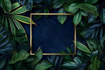 Creative layout made of tropical leaves and golden frame on dark blue background,  Flat lay