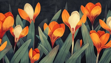 Vintage illustration of crocuses, their vibrant orange petals contrasting with the muted green leaves, creating an abstract pattern that captures both nature's beauty and its simple elegance. 