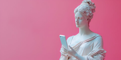 Vanity concept with Female Statue holding mobile phone against pink background. copy space. generative ai 