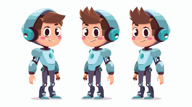Cartoon cute boy wearing humanoid robot flat vector isolated