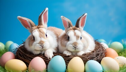 a pair of adorable easter bunnies cuddled up in a nest surrounded by colorful easter eggs against a blue backdrop featuring space for text the joy of easter and the renewal of the spring season  (1)