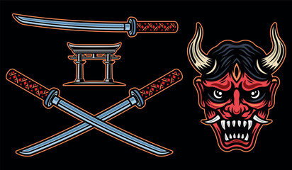Samurai set of vector objects or design elements in colored style on dark background