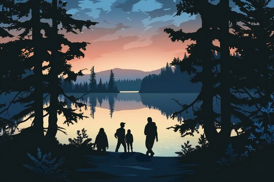 Silhouette of family standing on the lake shore at sunset
