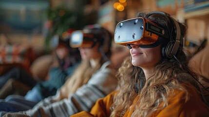 A young woman with a bright smile engages with virtual reality alongside a group, experiencing an immersive digital world. - obrazy, fototapety, plakaty