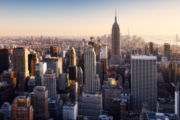 Fototapeta na wymiar New York City with skyscrapers at sunset, USA